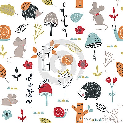 Seamless childish pattern with mouses, snail, hedgehogs and mushroom Vector Illustration