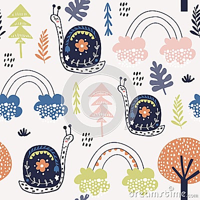 Seamless childish pattern with snails, and rainbows. Creative kids city texture for fabric, wrapping, textile, wallpaper, apparel Cartoon Illustration