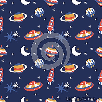 Seamless childish pattern with stars, planets, spaceship, moon, stars Vector Illustration