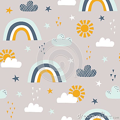 Seamless childish pattern with sun, rainbow, clouds and stars Vector Illustration