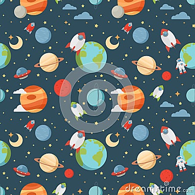 Seamless children cartoon space pattern Vector Illustration
