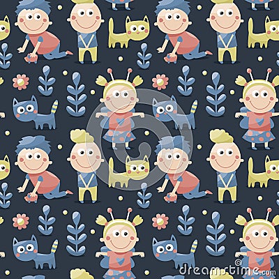 Seamless children cute pattern made with cats, kids, toys, flowers, babies Vector Illustration