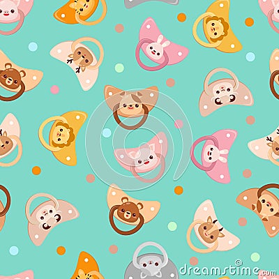 Seamless children's pattern on a green background. A dummy with animals. Pacifier for children Vector Illustration