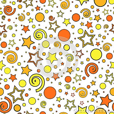 Seamless children`s pattern of orange and yellow dots, stars, curls and circles, on a white background, vector Vector Illustration