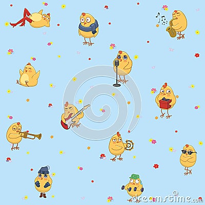 Seamless children`s wallpaper. Cheerful chickens Vector Illustration