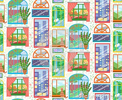 Seamless childrens bright texture of various windows with a floral pattern. Wallpaper with Facade with windows with different Vector Illustration