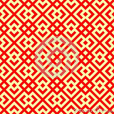 Seamless Chinese window tracery pattern. Repeated stylized red rhombuses on yellow background. Symmetric abstract vector Vector Illustration