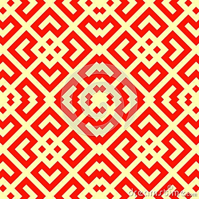 Seamless Chinese window tracery pattern. Repeated stylized red rhombuses on yellow background. Symmetric geometric motif Vector Illustration