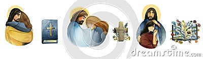 Seamless Christian border, background with Isolated on white background drawn of Jesus Christ that comforts womans, and cross, Stock Photo