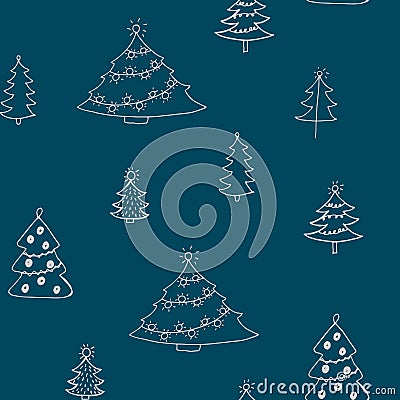 Christmas background. New Year's pattern with Christmas trees. Doodles trees on a blue background. Pattern for gift Vector Illustration