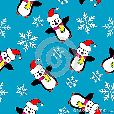 Seamless Christmas background with ornamental snowflakes and penguins Stock Photo