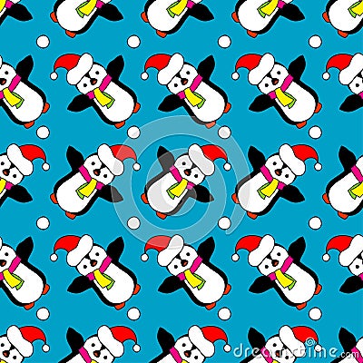 Seamless Christmas background with ornamental snowflakes and penguins Stock Photo