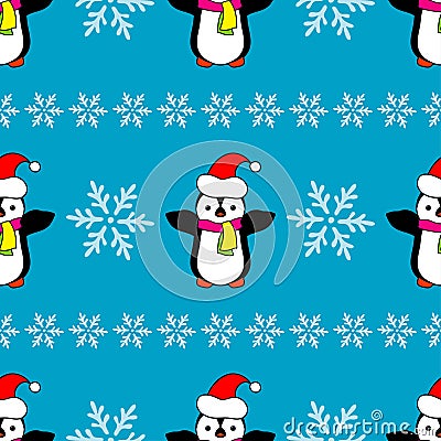 Seamless Christmas background with ornamental snowflakes and penguins Stock Photo