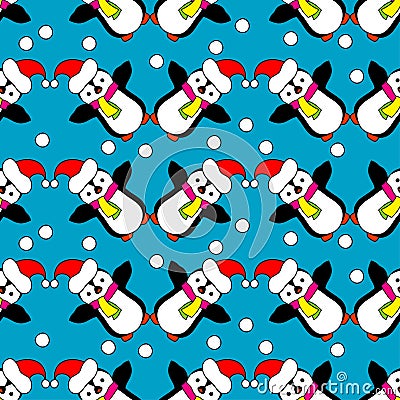 Seamless Christmas background with ornamental snowflakes and penguins Stock Photo