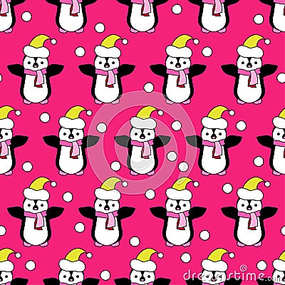 Seamless Christmas background with ornamental snowflakes and penguins Stock Photo