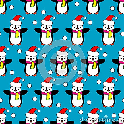 Seamless Christmas background with ornamental snowflakes and penguins Stock Photo