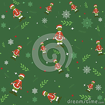 Seamless christmas backgrounds, grinch pattern, christmas elements on a green background. Cartoon child character Editorial Stock Photo