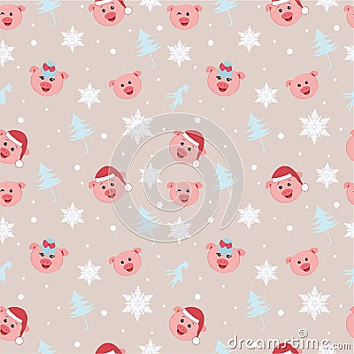 Seamless christmas beige background with pigs. Vector Illustration