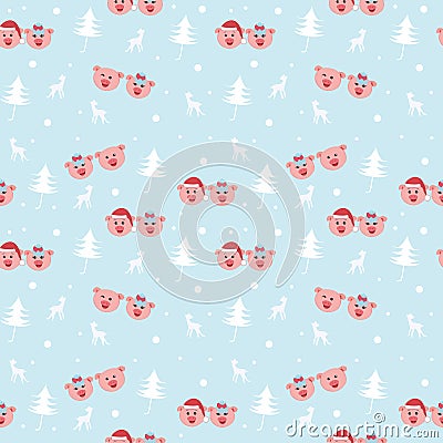 Seamless christmas blue background with pigs. Vector Illustration