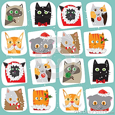 Seamless Christmas cats background. Cute animal tile pattern. New Year wrapping papper texture Vector Illustration