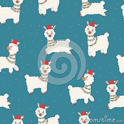 Seamless Christmas and New Year pattern with alpaca and snowflakes and winter elements. Backdrop for wallpaper, print Vector Illustration