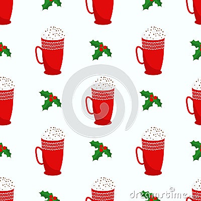 Seamless Christmas and New Year pattern. Holly leaves, cup of cacao. Vector Illustration