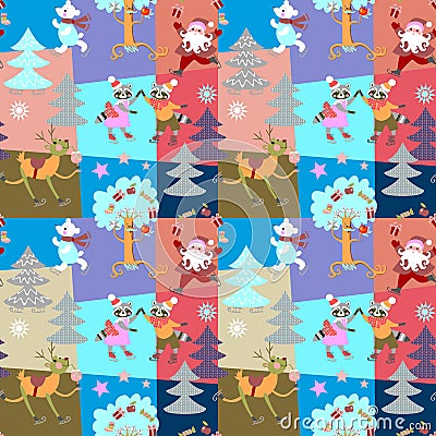 Seamless Christmas patchwork pattern with Santa Claus, funny deer, polar bear and lovely raccoons on skates in winter forest. Vector Illustration