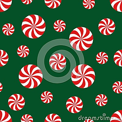 Seamless Christmas pattern with candy on green background. Vector Illustration