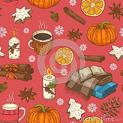 Seamless christmas pattern with cups, citrus, snowflakes and plaids Vector Illustration