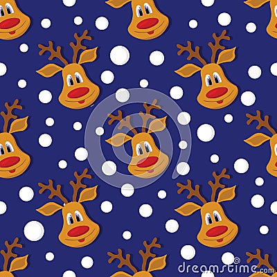 Seamless Christmas pattern with deer and snowflakes on blue background. Vector Illustration