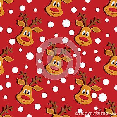 Seamless Christmas pattern with deer and snowflakes on red background. Vector Illustration