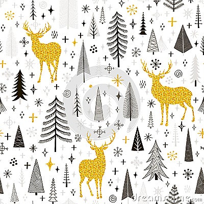 Seamless Christmas pattern with deers, snowflakes and spruce Vector Illustration