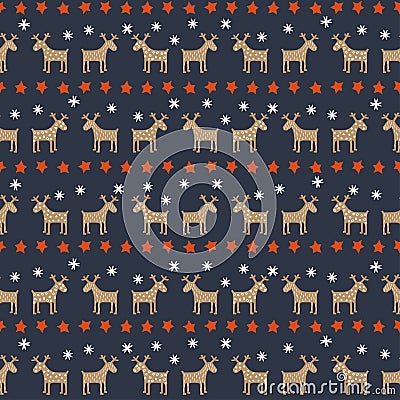 Seamless Christmas pattern - deers, stars and snowflakes. Vector Illustration