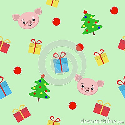 Seamless Christmas pattern with gifts, cute pig, christmas tree Vector illustration for textile, postcard, wrapping paper, poster Cartoon Illustration
