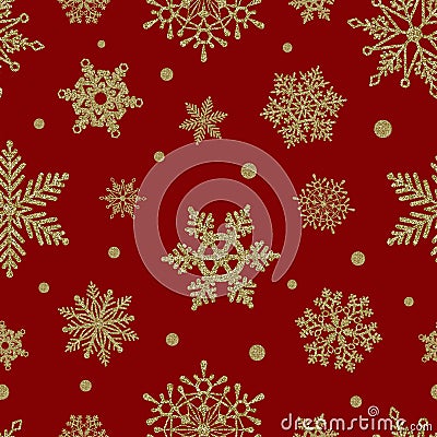 Seamless christmas pattern with gold glitter snowflakes on red background Cartoon Illustration