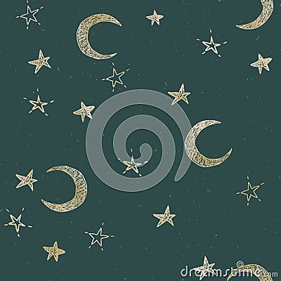 Seamless Christmas pattern with gold moon and stars on green background Cartoon Illustration