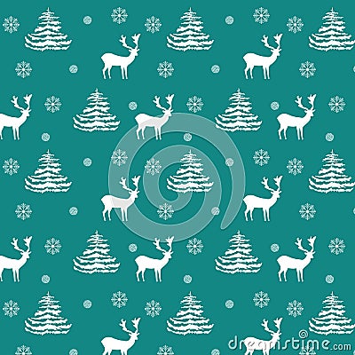 Seamless Christmas pattern hand drawn realistic reindeers, fir trees, snowflakes, white silhouette on turquoise background Vector Illustration