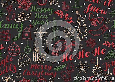 SSeamless Christmas pattern with inscriptions and doodles Vector Illustration