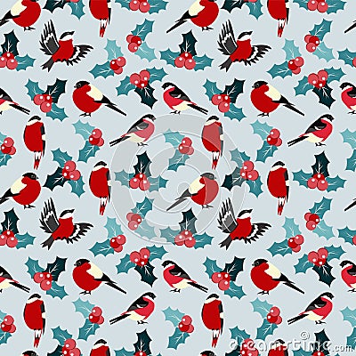 Seamless christmas pattern with leaves berries holly and birds b Vector Illustration