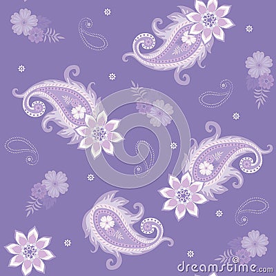 Seamless christmas pattern on light lilac background. Paisley-shaped snow whirls and mandala-shaped snowflakes Vector Illustration