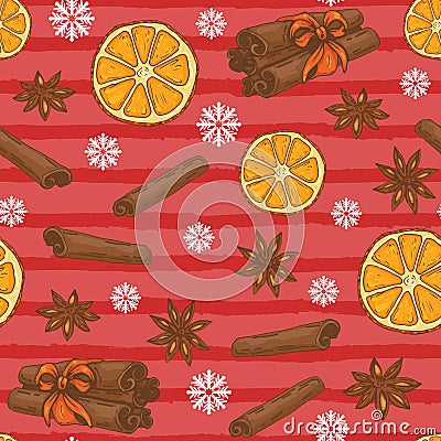 Seamless Christmas pattern with oranges, cinnamon and anise Vector Illustration