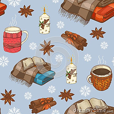Seamless Christmas pattern with plaids, cups, candles and snowflakes. Vector Illustration