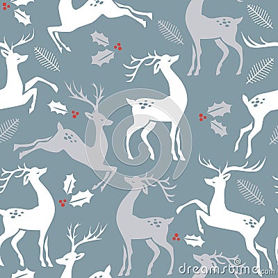 Deer on blue background with hole berries and leaves. Cartoon Illustration