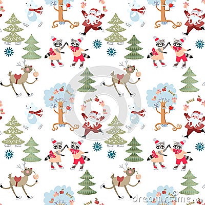 Seamless Christmas pattern with reindeer Rudolph, Santa Claus, cute raccoons and polar bears in fairy winter forest. Vector Illustration