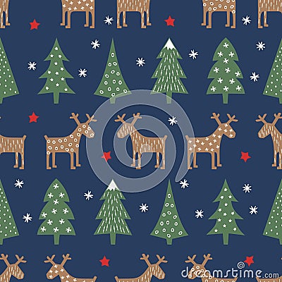 Seamless Christmas pattern - varied Xmas trees, deer, stars and snowflakes. Vector Illustration