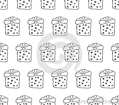 Seamless Christmas pattern in vector. New year background gift with bow. Hand drawn monochrome illustration, black and white. Cartoon Illustration