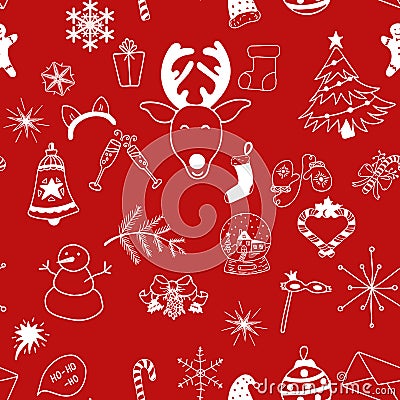 Seamless Christmas pattern white objects on red background Stock Photo