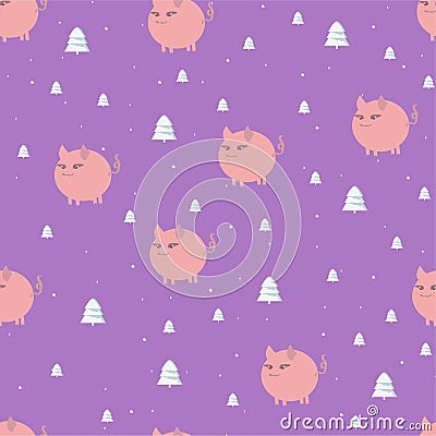 Seamless Christmas pattern with white pink piglets and forest trees on a bright purple square Vector Illustration