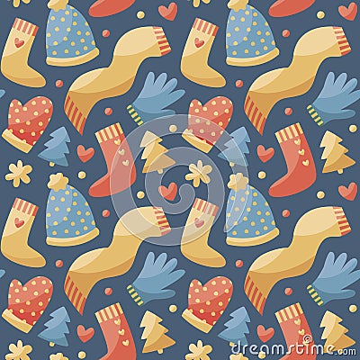 Seamless christmas pattern winter clothes, hat, scarf, gloves, mittens, heart Vector Illustration