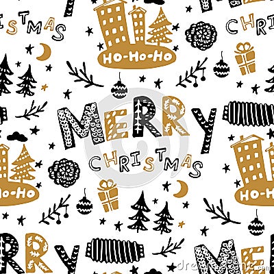 Seamless Christmas patterns-various Christmas trees,lettering, gifts,balls,cones. Vector design for the winter holidays Vector Illustration